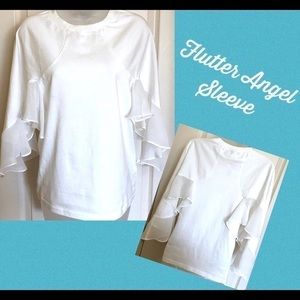 𝅺caara White Top Gorgeous 3/4 Angel Flutter Ruffle Sleeve Cruise Summer Blouse